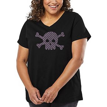 Women's Plus Size Word Art V-Neck - XOXO Skull