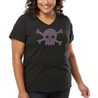 Women's Plus Size Word Art V-Neck - XOXO Skull