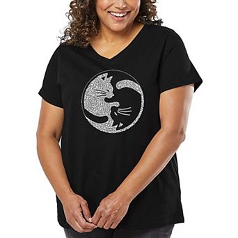 Women's Plus Size Word Art V-Neck - Yin Yang Cat