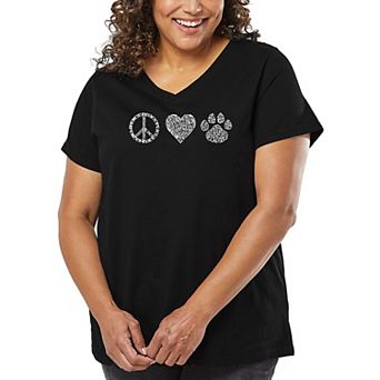 Women's Plus Size Word Art V-Neck - Peace Love Cats