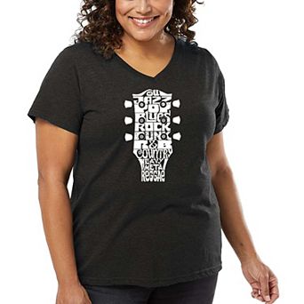 Women's Plus Size Word Art V-Neck - Guitar Head Music Genres