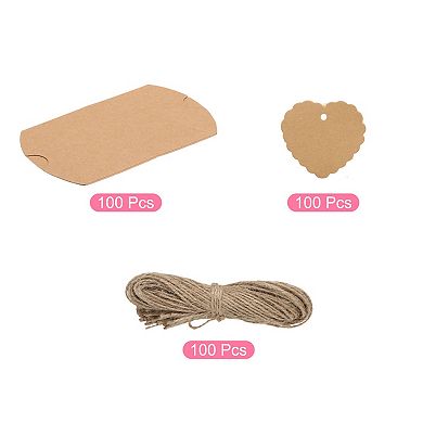 100Pcs Pillow Boxes 3.5 x 2.8 x 1 Inch Gift Boxes with Ropes and Tags, Presents Candy Favor Boxes