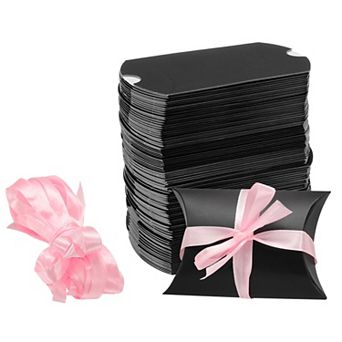100 pc Pillow Boxes 3.5 x 2.8 x 1 Inch Gift Boxes with Ribbons, Presents Paper Candy Favor Boxes