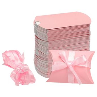 100 pc Pillow Boxes 3.5 x 2.8 x 1 Inch Gift Boxes with Ribbons, Presents Paper Candy Favor Boxes