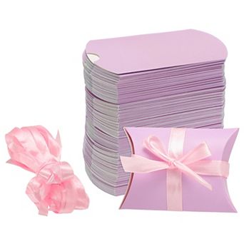 100 pc Pillow Boxes 3.5 x 2.8 x 1 Inch Gift Boxes with Ribbons, Presents Paper Candy Favor Boxes
