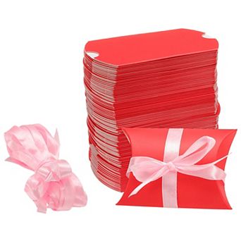 100 pc Pillow Boxes 3.5 x 2.8 x 1 Inch Gift Boxes with Ribbons, Presents Paper Candy Favor Boxes