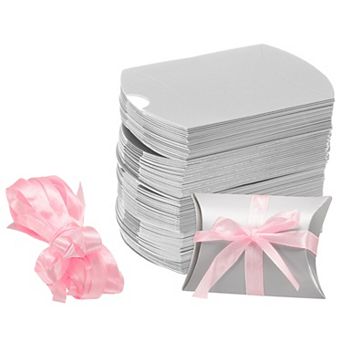 100 pc Pillow Boxes 3.5 x 2.8 x 1 Inch Gift Boxes with Ribbons, Presents Paper Candy Favor Boxes