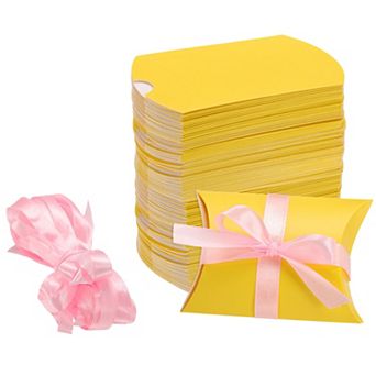 100 pc Pillow Boxes 3.5 x 2.8 x 1 Inch Gift Boxes with Ribbons, Presents Paper Candy Favor Boxes