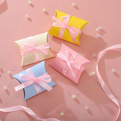 100Pcs Pillow Boxes 3.5 x 2.8 x 1 Inch Gift Boxes with Ribbons, Presents Paper Candy Favor Boxes