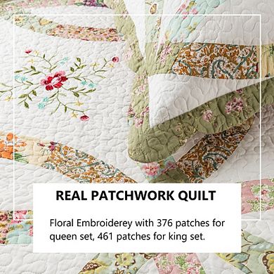 Wholinens Real Floral Double Wedding Ring Patchwork Reversible Quilt Set