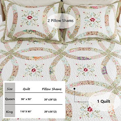 Wholinens Real Floral Double Wedding Ring Patchwork Reversible Quilt Set