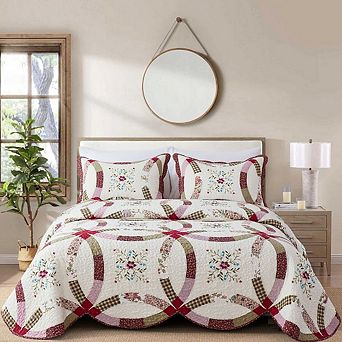 100% Cotton Wedding Ring Patchwork & Embroidered Quilt Set Soft, Durable & Machine Washable