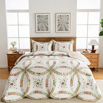 100% Cotton Wedding Ring Patchwork & Embroidered Quilt Set Soft, Durable & Machine Washable