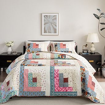 Wholinens Floral Real Patchwork Reversible Quilt Set