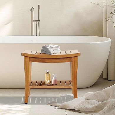 Indoor Outdoor Teak Shower Bench with Storage Shelf Ideal Shower Seat for Relaxing Bathing Moments