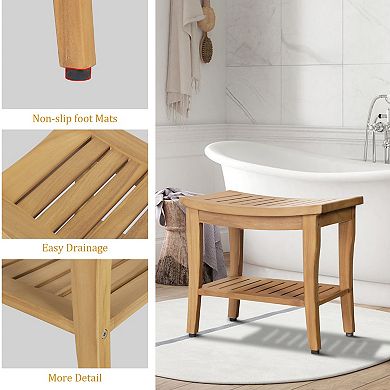 Indoor Outdoor Teak Shower Bench with Storage Shelf Ideal Shower Seat for Relaxing Bathing Moments