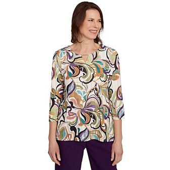 Petite Alfred Dunner Abstract Scroll Split Neck Top