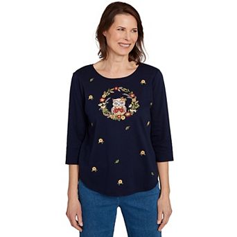 Petite Alfred Dunner Owl Wreath Embroidered Top