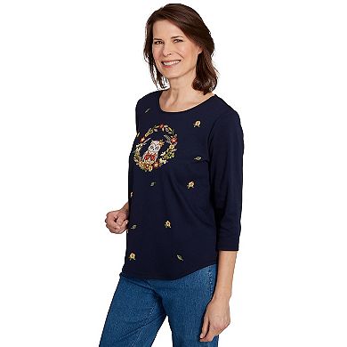 Petite Alfred Dunner Owl Wreath Embroidered Top