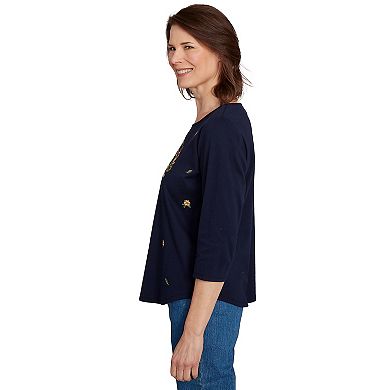 Petite Alfred Dunner Owl Wreath Embroidered Top