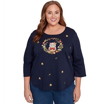 Plus Size Alfred Dunner Owl Wreath Embroidered Top