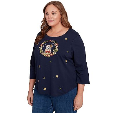 Plus Size Alfred Dunner Owl Wreath Embroidered Top