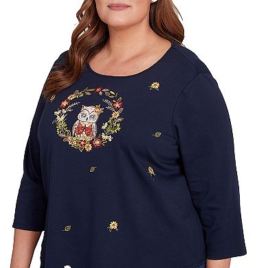 Plus Size Alfred Dunner Owl Wreath Embroidered Top