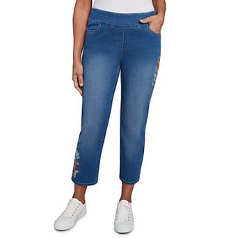 Petite Alfred Dunner Floral Embroidered Denim Ankle Pants