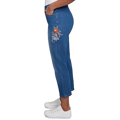 Petite Alfred Dunner Floral Embroidered Denim Ankle Pants