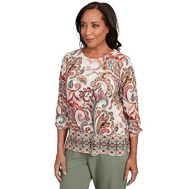 Petite Alfred Dunner Textured Scroll Border Ruched 3/4 Sleeves Top