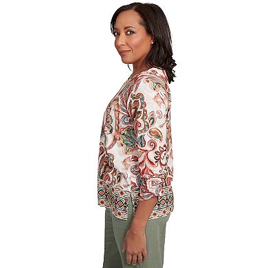 Petite Alfred Dunner Textured Scroll Border Ruched 3/4 Sleeves Top