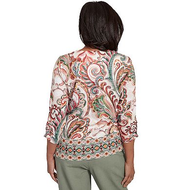 Petite Alfred Dunner Textured Scroll Border Ruched 3/4 Sleeves Top
