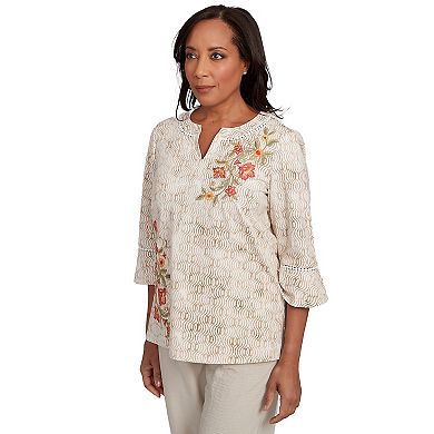 Petite Alfred Dunner Printed Floral Bell Sleeve Embroidered Top