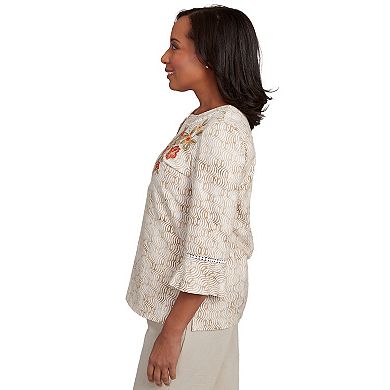 Petite Alfred Dunner Printed Floral Bell Sleeve Embroidered Top