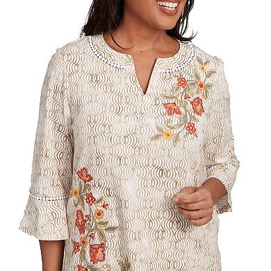 Petite Alfred Dunner Printed Floral Bell Sleeve Embroidered Top