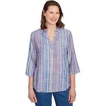 Petite Alfred Dunner Textured Multi Stripe Collared Top