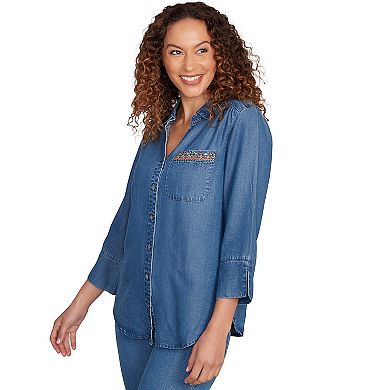 Petite Embroidered Butterfly Button Front Top