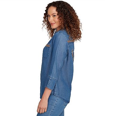 Petite Embroidered Butterfly Button Front Top