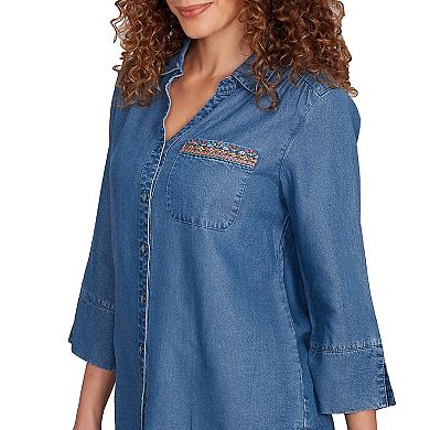 Petite Embroidered Butterfly Button Front Top