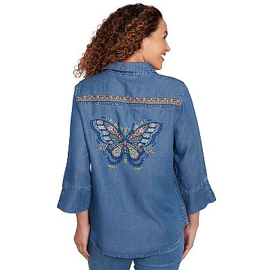 Petite Embroidered Butterfly Button Front Top