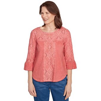 Petite Alfred Dunner Diamond Textured Spliced 3/4 Bell Sleeve Top