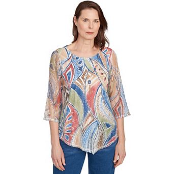 Petite Alfred Dunner Printed Leaf Textured Top with Necklace
