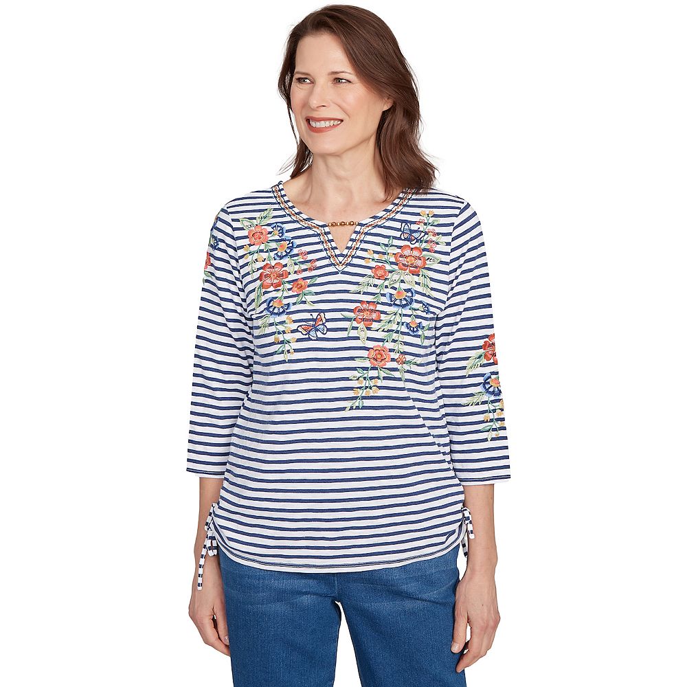 Alfred Dunner Floral Linework Side Tie Ruched Top - Plus