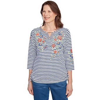 Petite Alfred Dunner Floral Stripe Ruched Sides Top