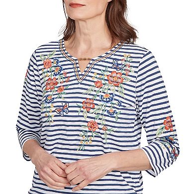 Petite Alfred Dunner Floral Stripe Ruched Sides Top