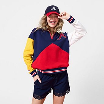 Women's Terez Navy Atlanta Braves Classic Colorblock Quarter-Zip Sweatshirt