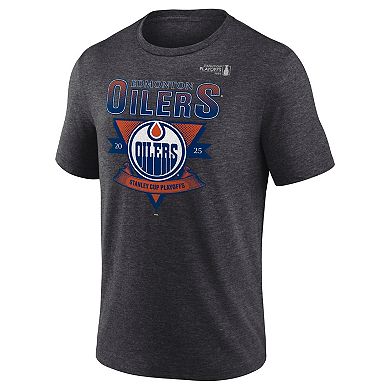 Men's Fanatics Heather Charcoal Edmonton Oilers 2025 Stanley Cup Playoffs Crossbar Tri-Blend T-Shirt