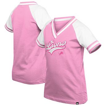 Girl's Youth��New Era Pink Detroit Lions Mommy & Me Multiplier Raglan V-Neck T-Shirt