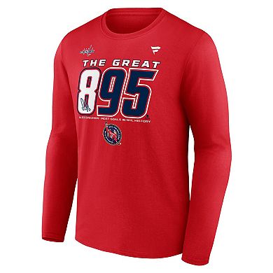 Men's Fanatics Alexander Ovechkin Athletic Red Washington Capitals NHL All-Time Leading Goal Scorer The Great 895 Long Sleeve T-Shirt