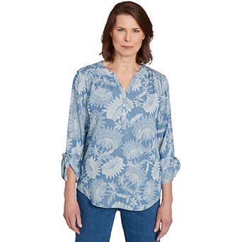 Petite Alfred Dunner Floral Long-Sleeve Button Placket Henley Top